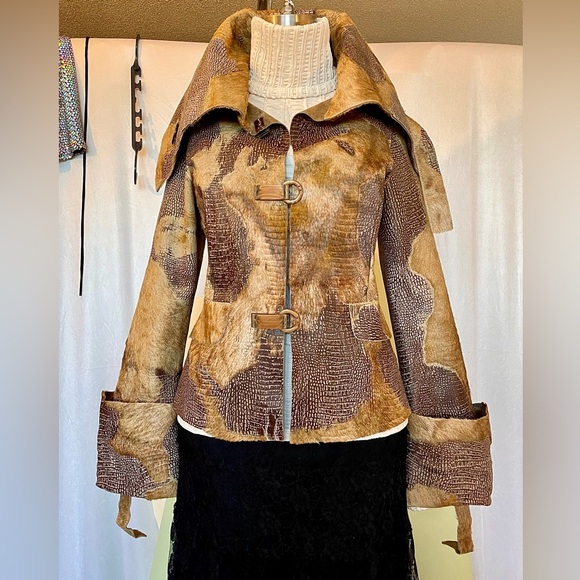 Unique 100% Genuine Leather & fur Embossed Croc Jacket Size 38 small brown tan - Picture 5 of 17